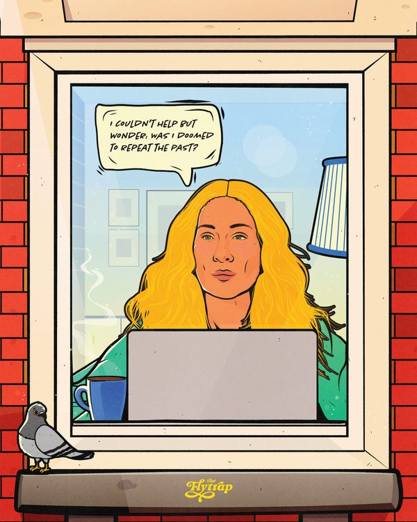 A view through a window of a blond woman at her laptop, thinking "I couldn't help but wonder, was I due to repeat the past?"