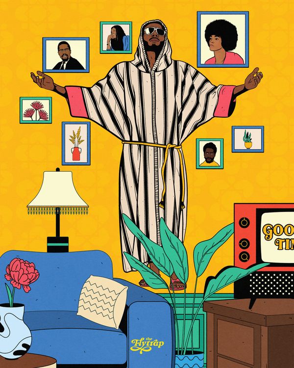 A colorful illustration of a living room, as described in the piece: a couch in plastic, "Good Times" on a tv, a "Black Moses" style figure on the wall