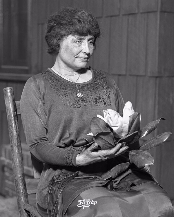 A black and white photograph of Helen Keller holding a magnolia bloom