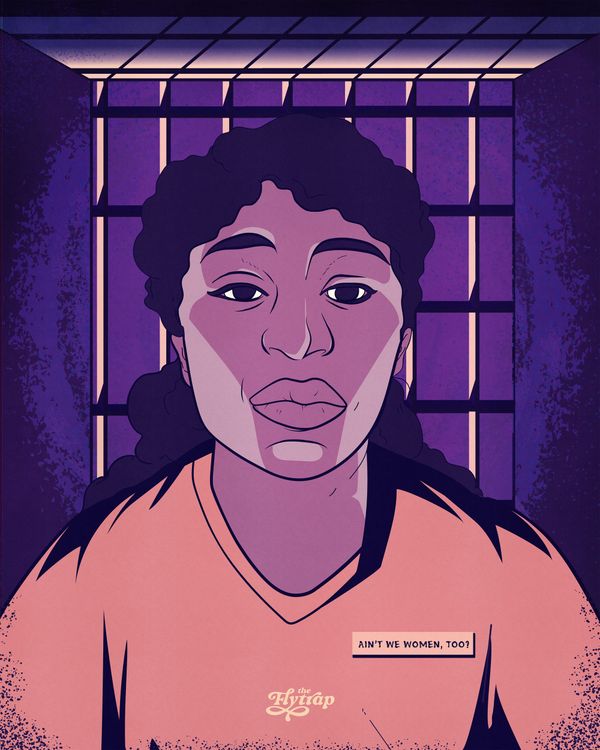 A Black woman wearing an orange jumpsuit, in purple light, with a prison cell in the background. On her chest, on the right, it says "ain't we women, too?"