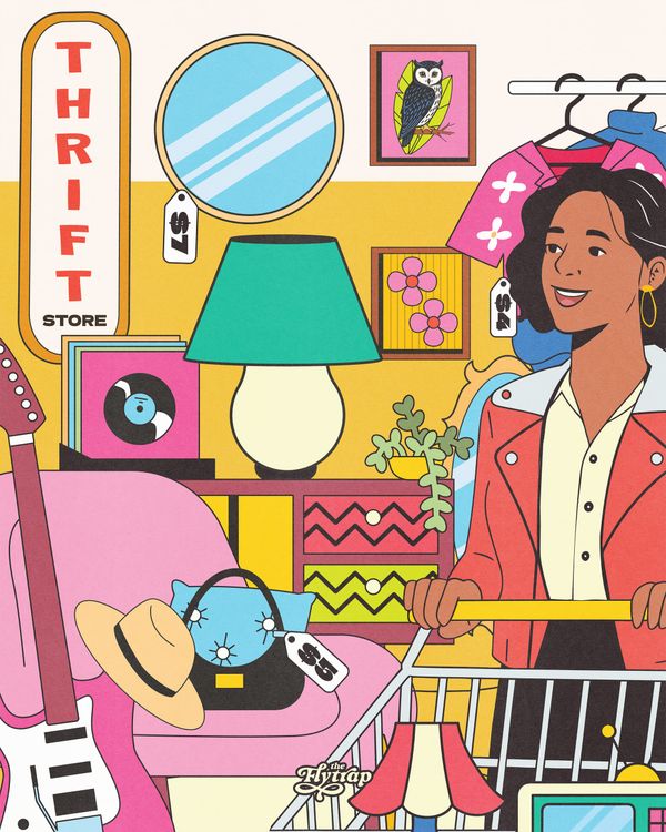 A rainbow-colorful illustration of a brown-skinned woman shopping in a thrift store of delights, featuring a pink guitar, records, a sun hat, and electronics