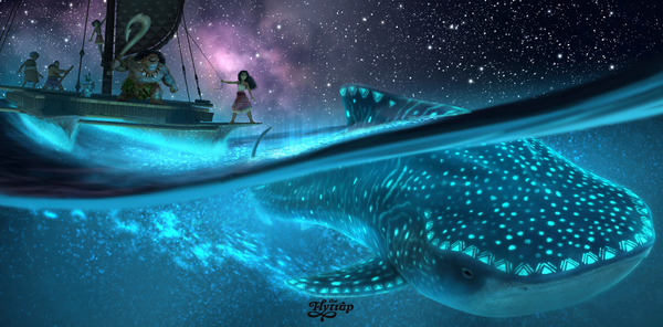 A still of a luminescent animation from Moana, featuring the title character on a boat with a glowing whale swimming beneath her