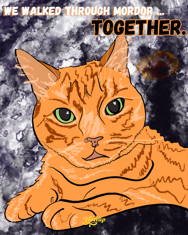 A cartoon-style illustration of Samwise, an orange polydactyl tabby cat, on a smoky blue-black-purple background. Comic-style text reads "We walked through Mordor ... together."