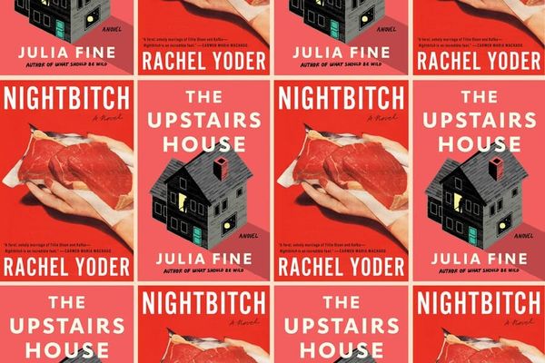 The covers of Nightbitch and The Upstairs House. Nightbitch features a photograph of cut meat, The Upstairs House has an illustration of a two-story gray house.
