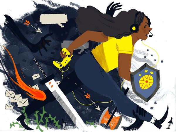 An illustration of a dark-skinned person with long dark hair carrying a shield and a gaming controller, pursued by hate mail, weapons, and grasping hands.