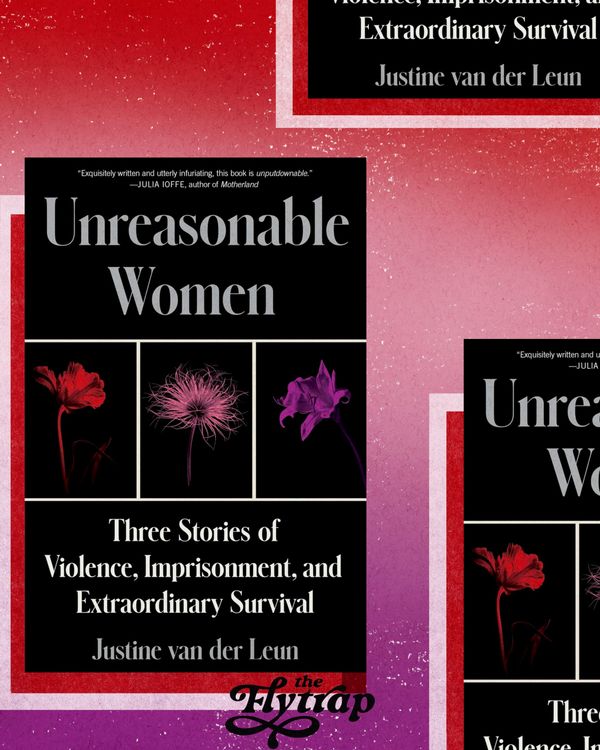 A collage of the Unreasonable Women cover on a red to purple gradient background shows a black book cover with red, pink, and purple flowers. The title is "Unreasonable Women."