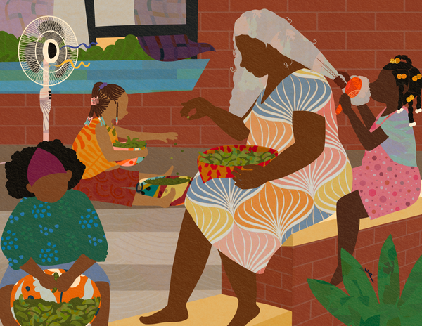 an illustration of a Black grandmother shelling peas with one two little girls on a brick wall and one little girl doing her hair