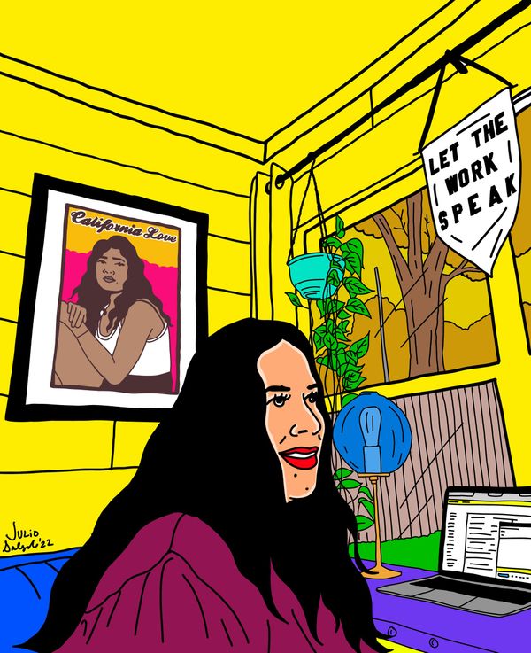 An illustration of Tina seated at her laptop, lustrous black hair flowing over her magenta shirt, with a "California love" poster behind her and a plant in the window.