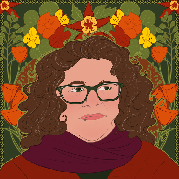 An illustration of s.e. smith, a white person with curly brown hair and glasses, surrounded by flowers.