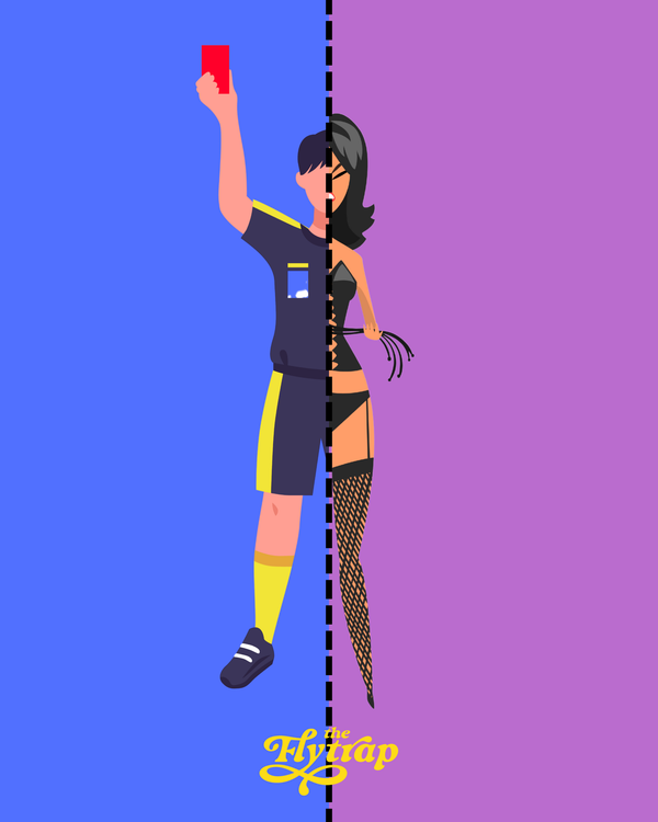A person split in half by two panes: One shows their dominatrix side, and the other shows their athlete side.