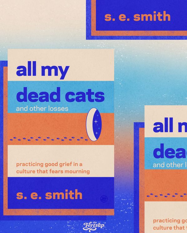 A collage of ALL MY DEAD CATS AND OTHER LOSSES. The cover is orange, cream, and blue, with a starry portal and a set of wandering pawprints.