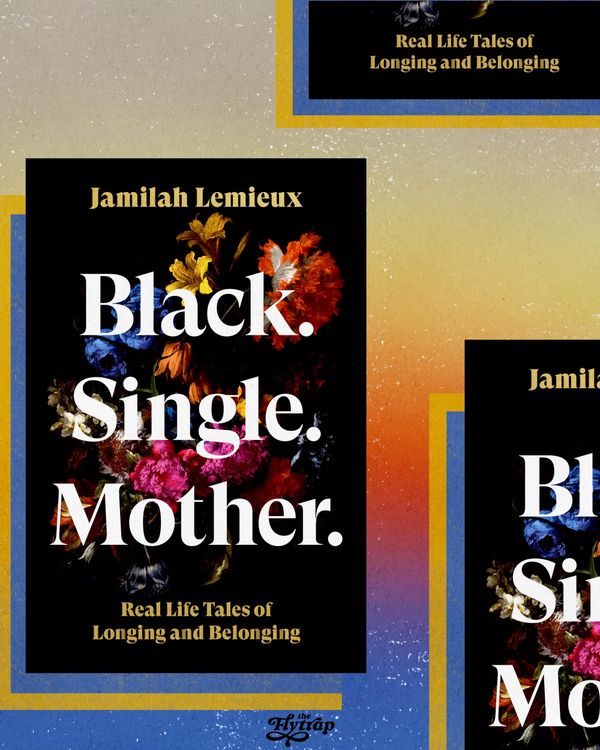 A collage of the Black. Single. Mother. cover on a yellow to orange to blue gradient background, showing a black book cover with red, pink, orange, blue, and yellow flowers.