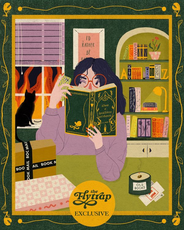 An influencer juggling a book and their phone inside a room filled with books as props and other ephemera while their cat watches the world burn outside.