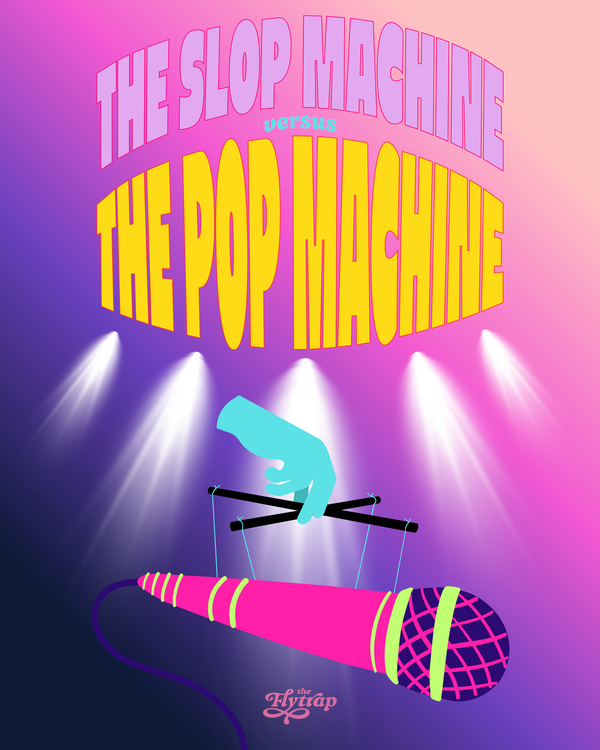 A neon multicolored illustration reads "the slop machine versus the pop machine" in fat letters above a puppeteer hand directing a microphone