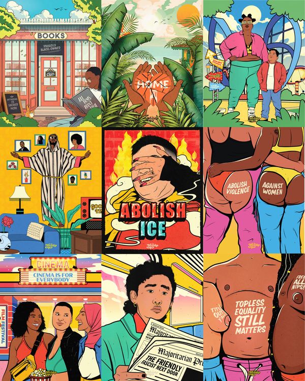 A compilation of nine colorful illustrations by rommy torrico centering subjects of color and prominent quotes from Flytrap stories
