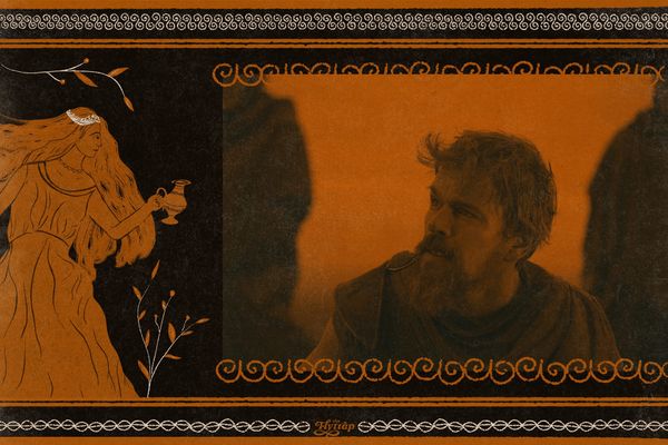 An illustration of a Greek goddess holding a pitcher of nectar, next to a still of Matt Damon as Odysseus in Christopher Nolan's The Odyssey.