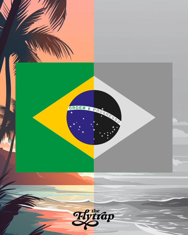 An image of a beach with a Brazilian flag on top, but half of the image is black and white.
