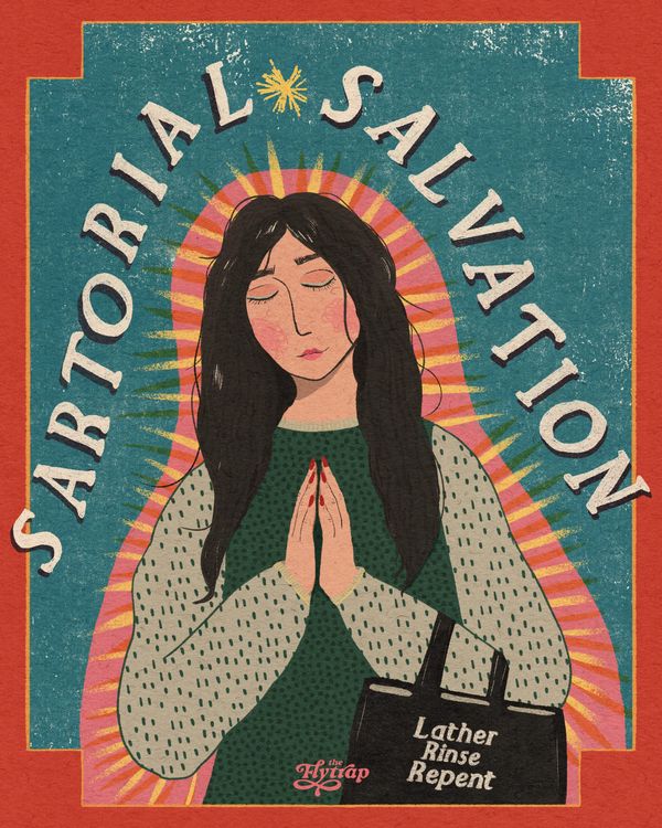 Illustration of a brunette woman standing in prayer and a serene expression, holding a tote bag that says "lather, rinse, repent."