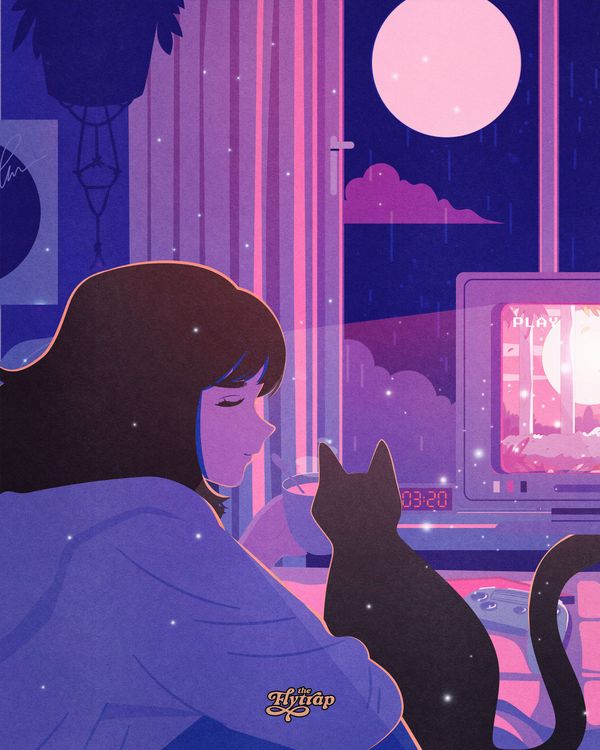A woman and her black cat basking in the gentle pink glow of her computer screen on a raining evening.