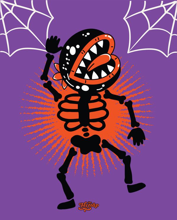 Illustration of a dancing skeleton with one of The Flytrap's Girls on a purple background with an orange sunburst behind the skeleton's silhouette.