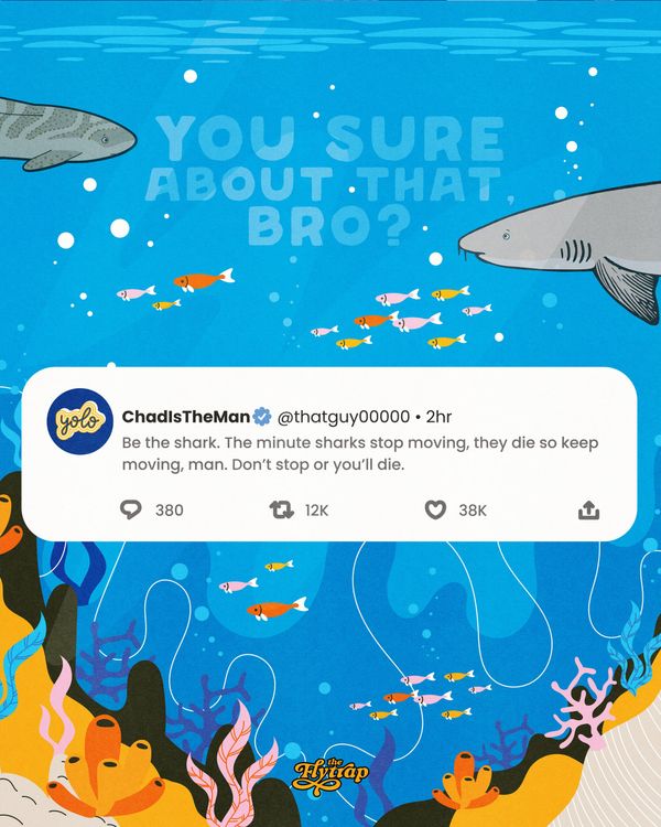A mock-up social media post about how sharks die if they stop swimming is floating in a seascape, with sharks above wondering "you sure about that, bro?"