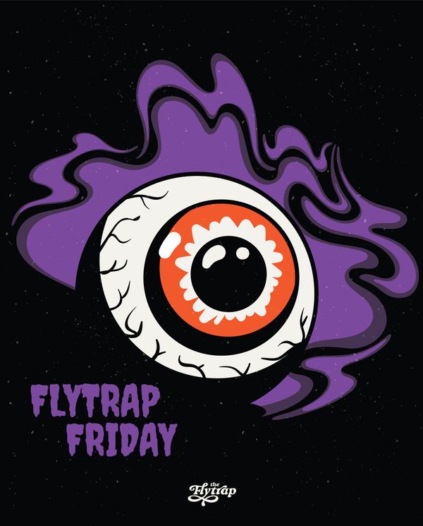An illustration of a single creepy eye floating in a starry sky, with the words "Flytrap Friday" on the left lower corner.