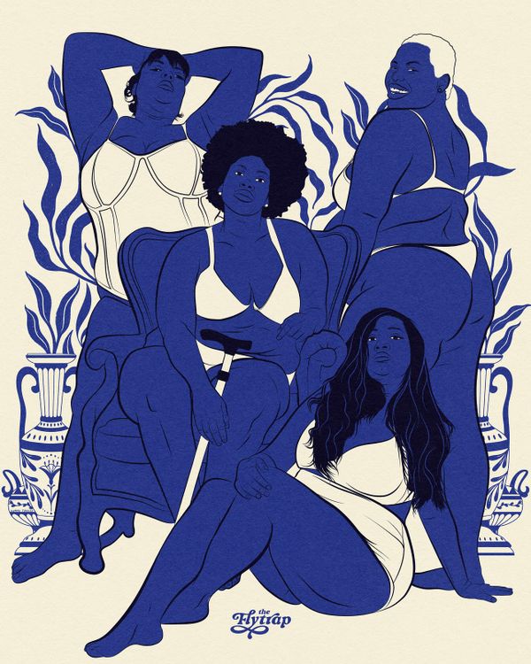 Illustration in blue and white: Four gorgeous fat women in lingerie posing together. One has a cane.