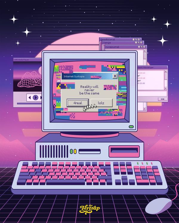 Illustration: A desktop computer in very '80s shades of pink and purple. 