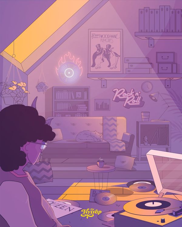 Illustration: Nicole listening to records, with a cat curled up on the couch.