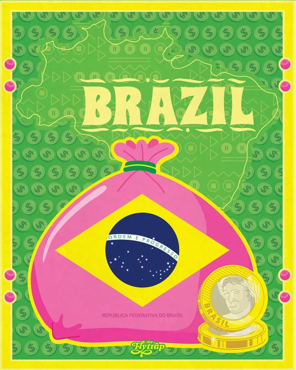 Illustration: A map of Brazil overlaid with a huge pink bag of money that bears the Brazilian flag.