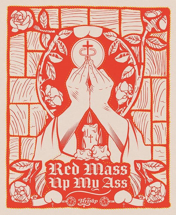Illustration in red and white: Praying hands in stained glass surrounded by flowers and Catholic iconography.