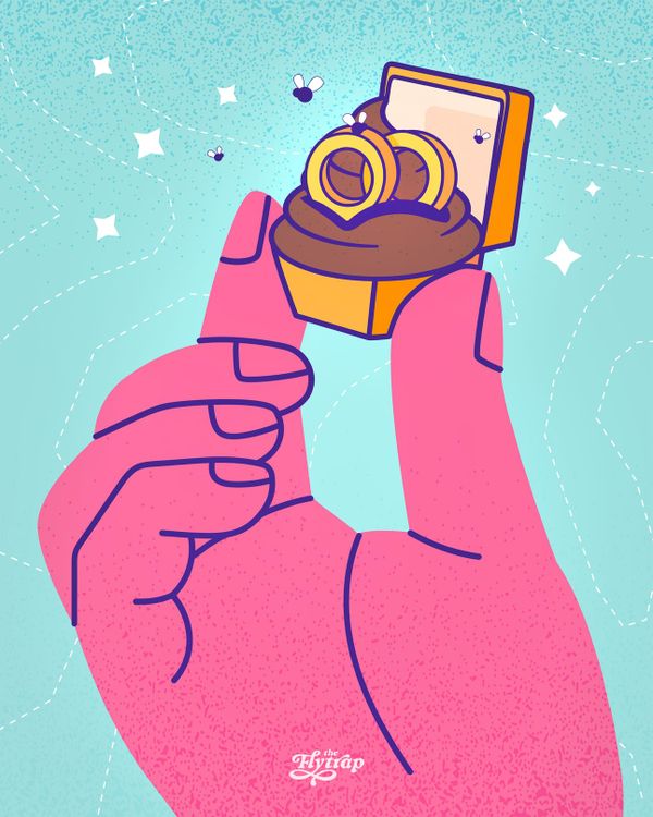 Illustration: A pink hand holding up a poop emoji with a diamond ring perched on top.