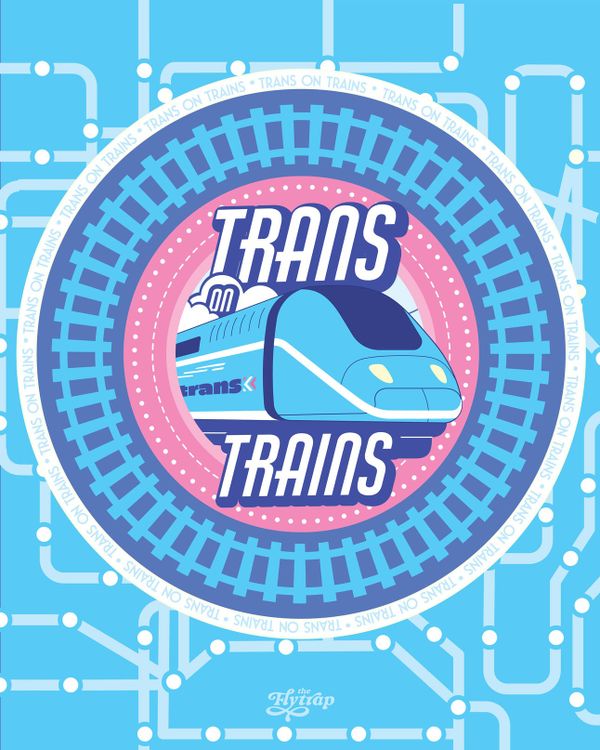 Illustration in pink, blue, and white: A "trans on trains" badge against a transit map.