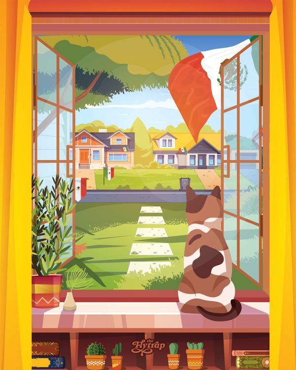 A cat sitting on a windowsill looking out to a bucolic neighborhood decorated with Mexican flags.