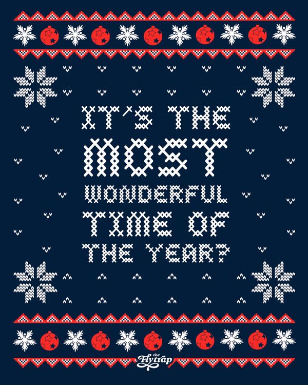 Illustration of an ugly holiday sweater with "It's the most wonderful time of the year."
