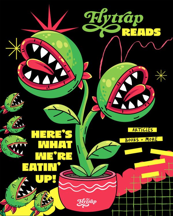 An illustration of a flytrap chomping the words "Flytrap Reads."
