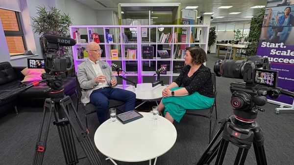 The twin camera, twin mic set up, with lighting behind, and lighting rig behind the cameras.