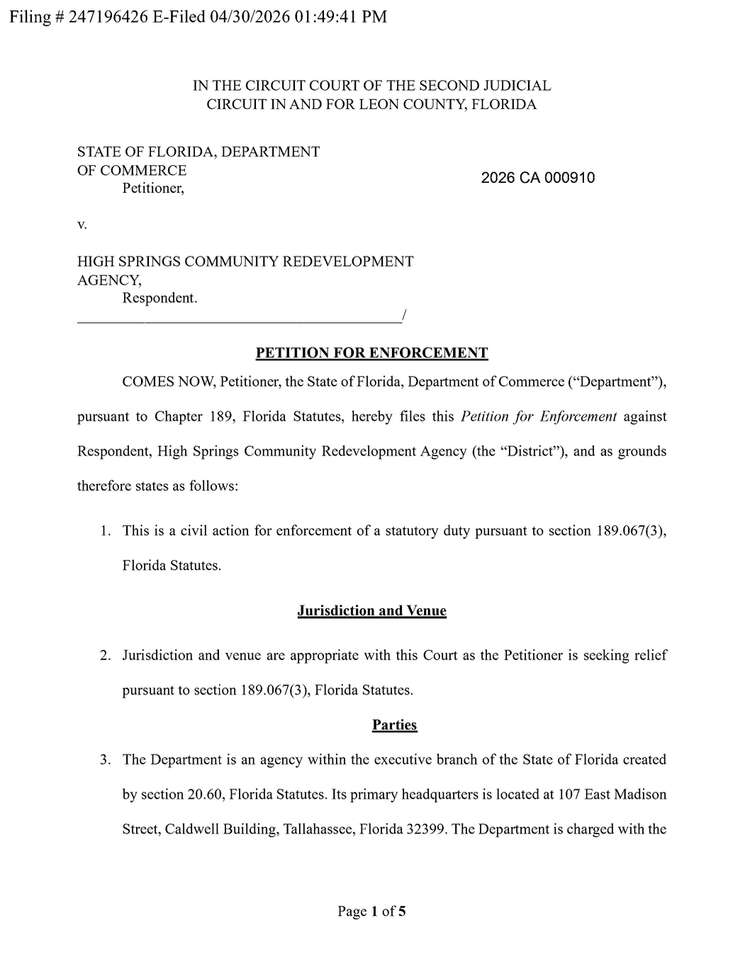 State Seeks Injunction Against High Springs CRA as Business Owners Request Financial Records