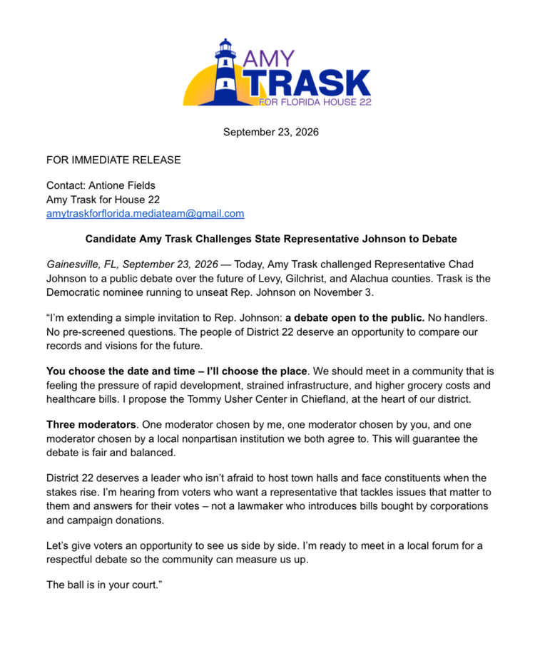 Press Release: FL House 22 Candidate Amy Trask Challenges State Representative Johnson to Debate