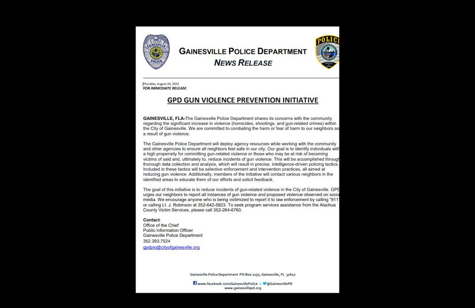 Gainesville Police Department Announces Gun Violence Prevention Initiative