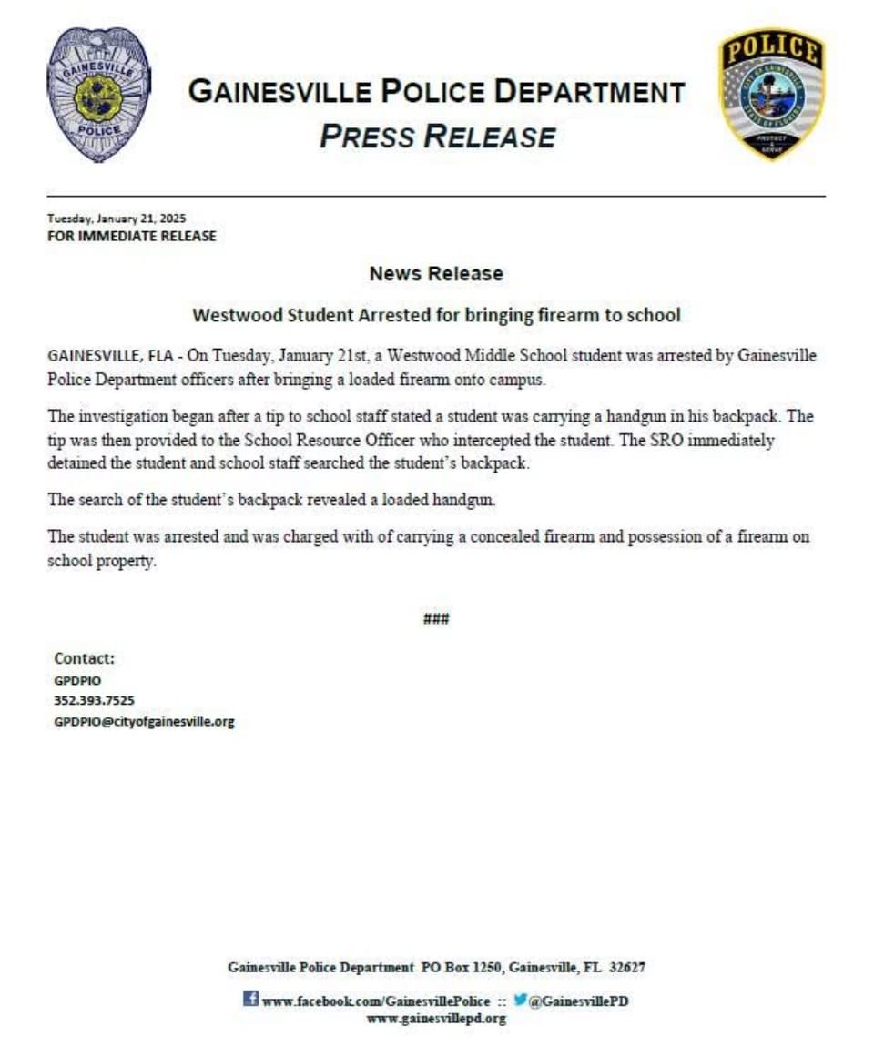 GPD Uploads Press Release on Westwood Middle School Gun Possession Incident