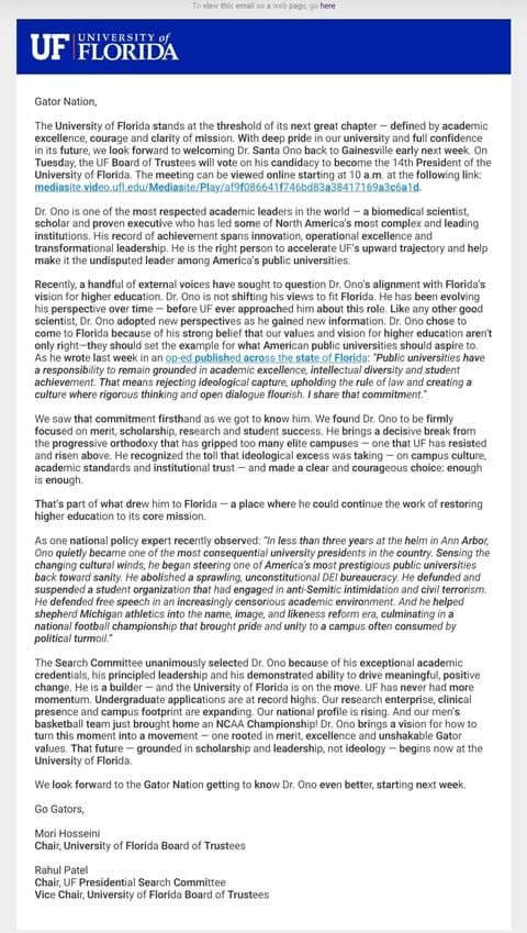 UF Board of Trustees Leaders Praise Ono for Anti DEI Stance in Public Statement