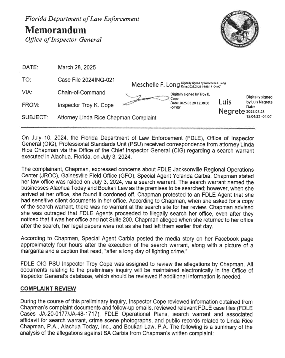 Full FDLE Memorandum on Alachua Today & Boukari Law
