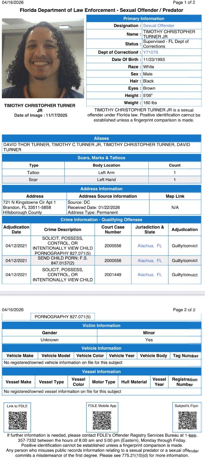 Sex Offender Booked in Alachua County Jail for Violating Probation in Hillsborough County
