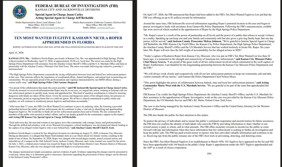 Press Release: Ten Most Wanted Fugitive KaShawn Nicola Roper Apprehended in Florida