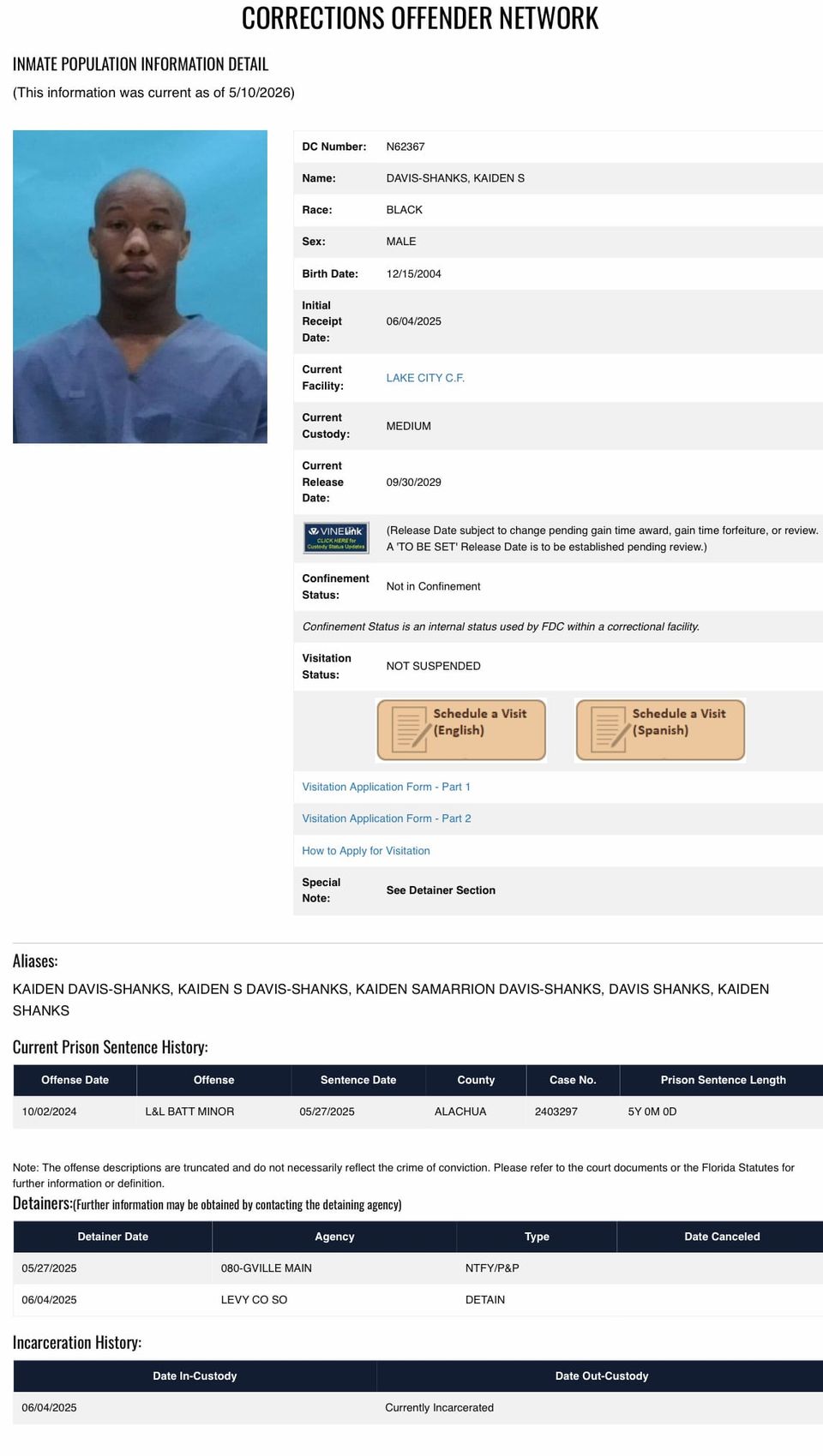 Man Serving Five Year Prison Sentence for Lewd/Lascivious Battery