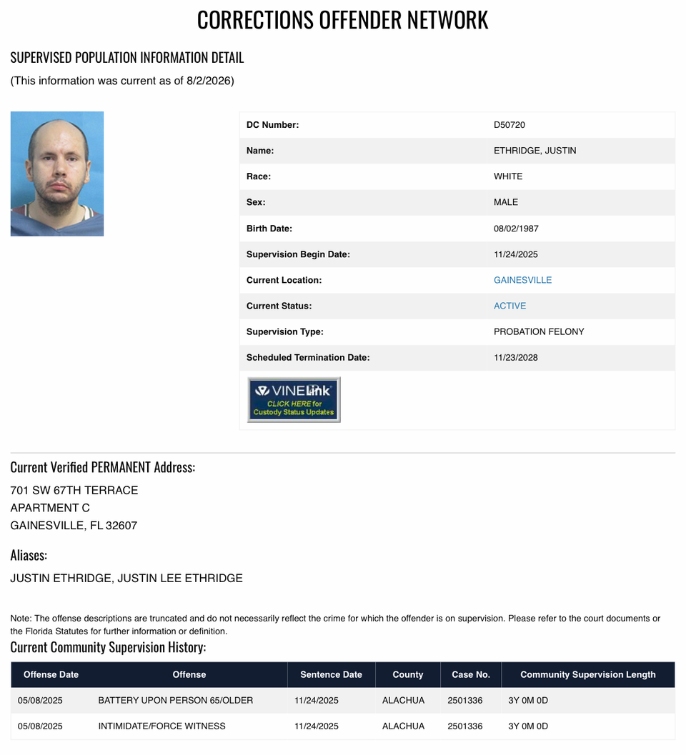 Georgia Felon Receives Another Felony Conviction for Attacking Elderly Family Member in Alachua County
