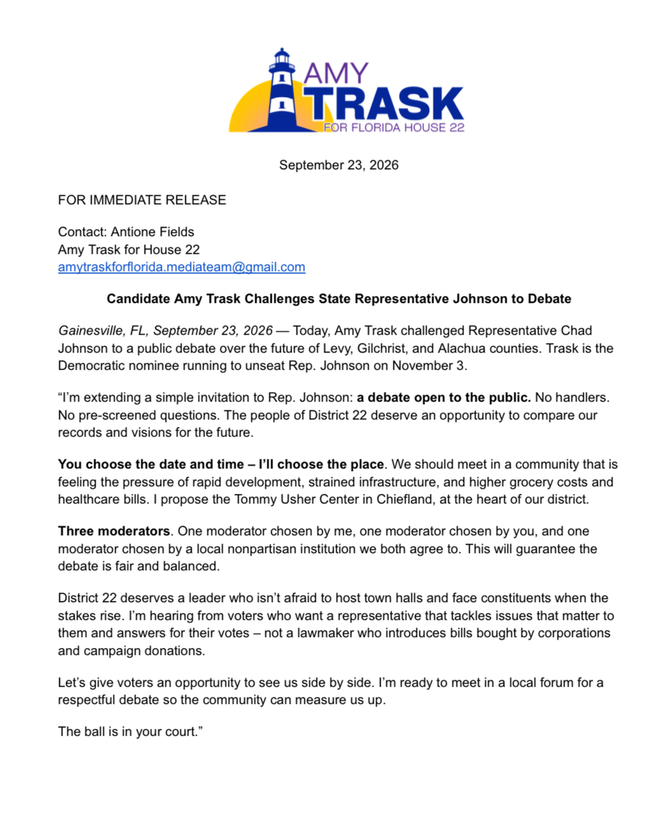 Press Release: FL House 22 Candidate Amy Trask Challenges State Representative Johnson to Debate
