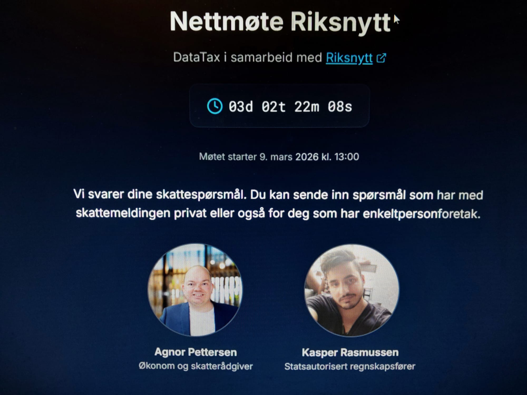Gratis skatte nettmøte, få svar på direkten. Mandag kl 13:00