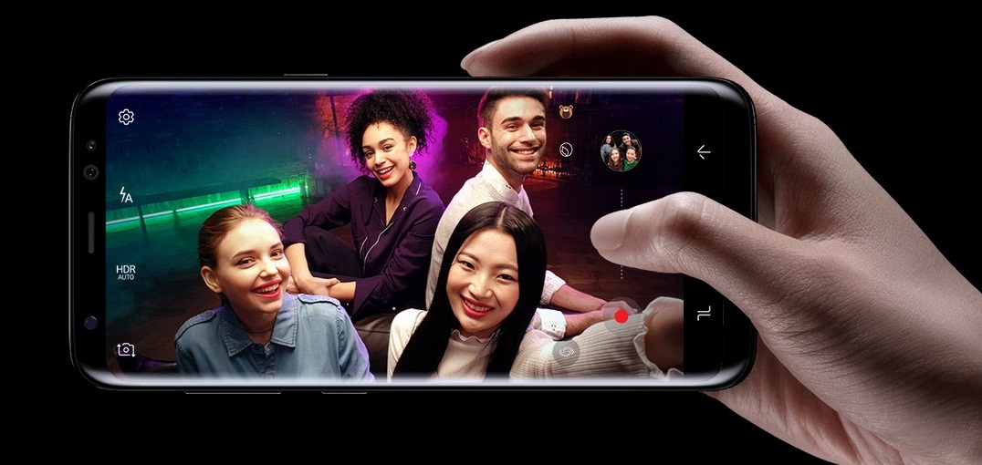 'A group selfie on a smartphone'